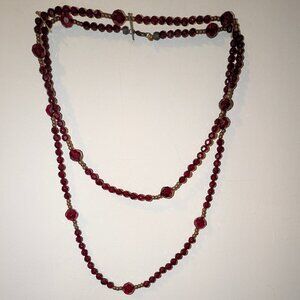 VINTAGE "THE LIMITED" FACETED RED-AMBER PLASTIC AND BRASS BEADED NECKLACE